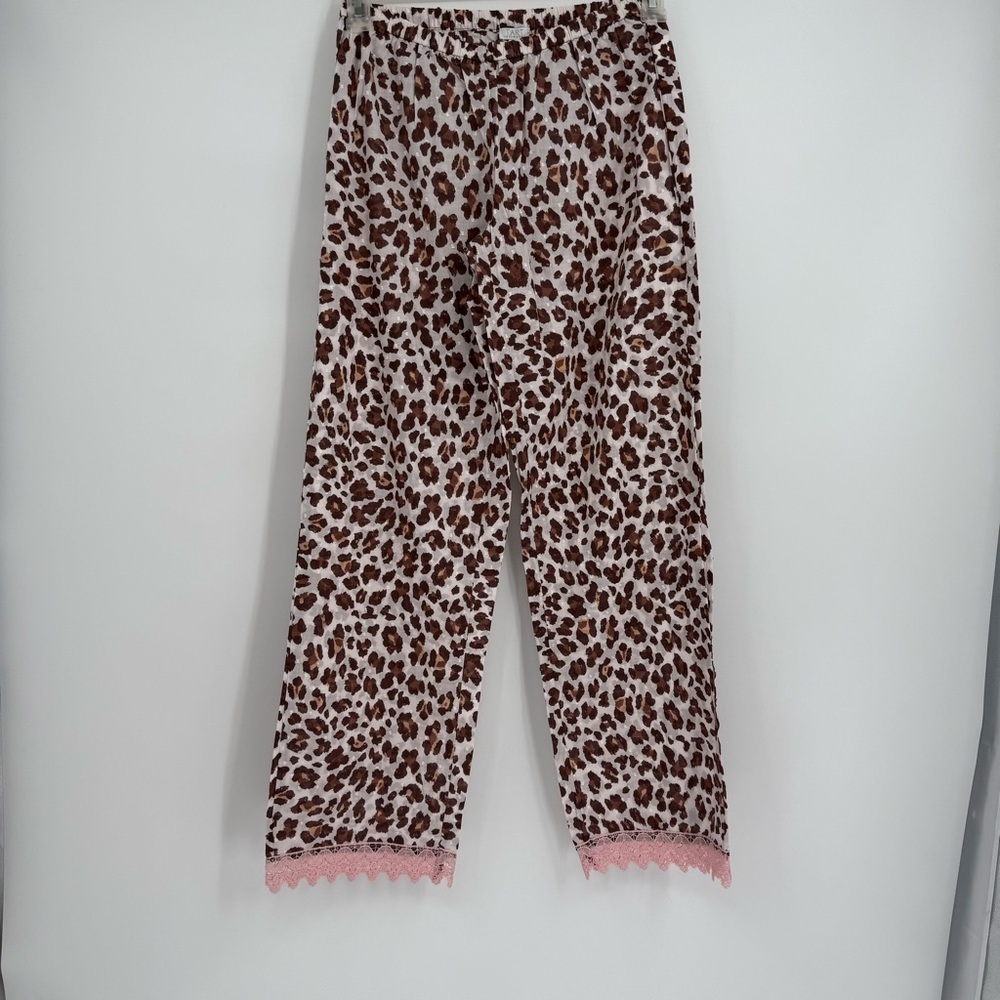 TART INTIMATES Leopard Print Pajama Set Size M women Pants Top Brown Pink Lace - Picture 7 of 7